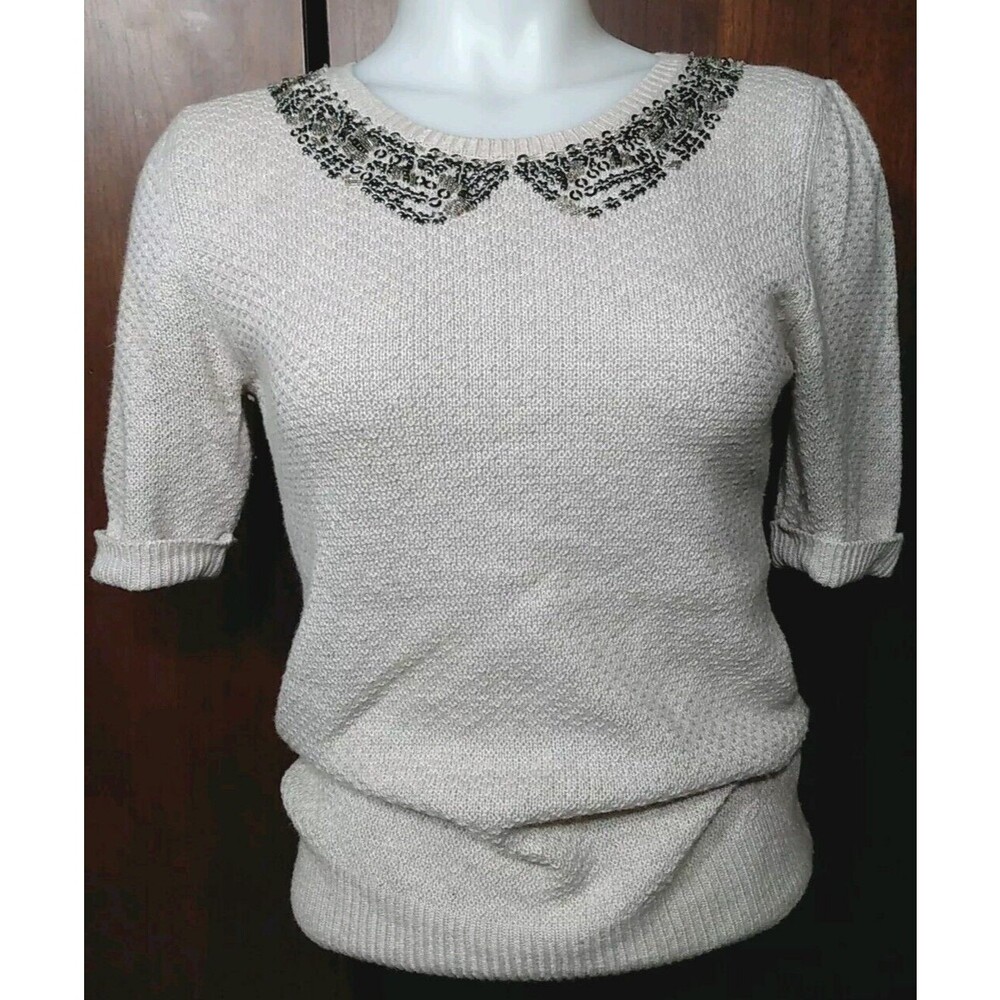 Free People Beige  Embellished Angora Wool Blend‎ Short Sleeve Sweater Size PS